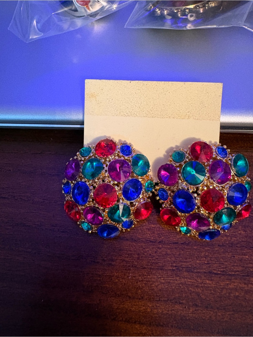 Vintage Multicolored Crystal Cluster Earrings in Red, Blue, Purple, Teal